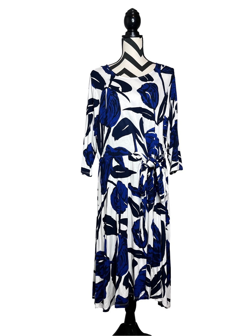 Ellos Navy Blue Floral 3/4 Sleeve Waist Tie Flowy Midi Dress Sz 18/20